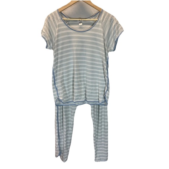 Lake Size M Pima Pajama Lounge Set Blue Stripes Pants short sleeve top Luxury - Picture 1 of 11